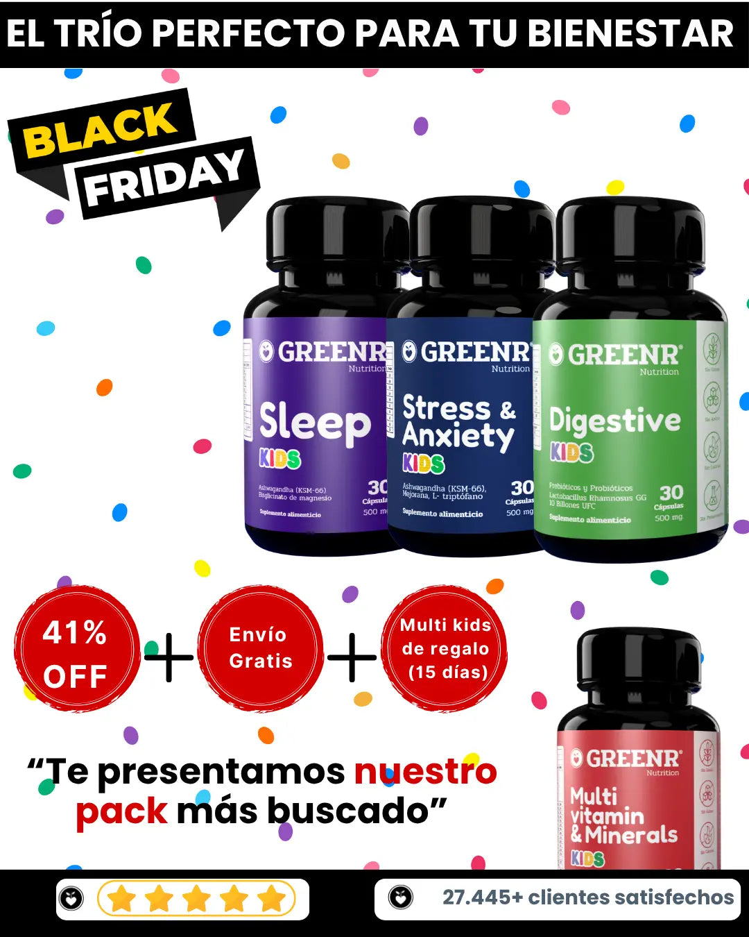 BLACK WEEK VIP SOS KIDS compra Stress Kids + Sleep Kids + Digestive Kids + Regalo: Multi kids (15 días) + 41% OFF + envio gratis